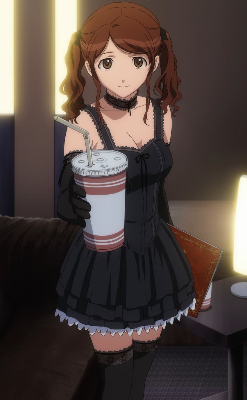 absurdres amagami brown_eyes brown_hair choker dress drink elbow_gloves gloves highres nakata_sae screencap solo stitched thighhighs third-party_edit twintails zettai_ryouiki