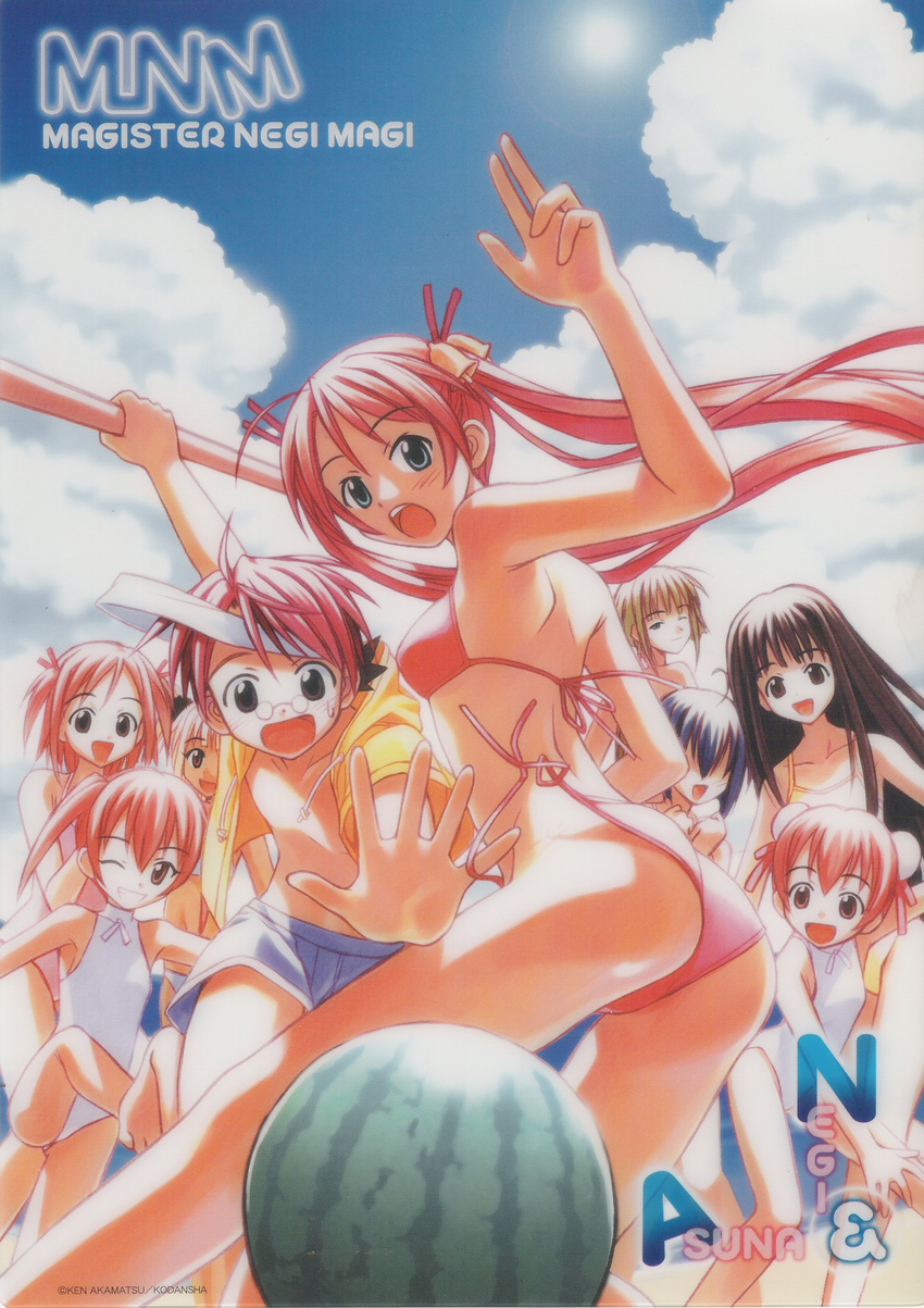 1boy 6+girls absurdres bikini food fruit harem highres kagurazaka_asuna kaolla_su konoe_konoka mahou_sensei_negima mahou_sensei_negima! miyazaki_nodoka multiple_girls nagase_kaede sasaki_makie swimsuit watermelon