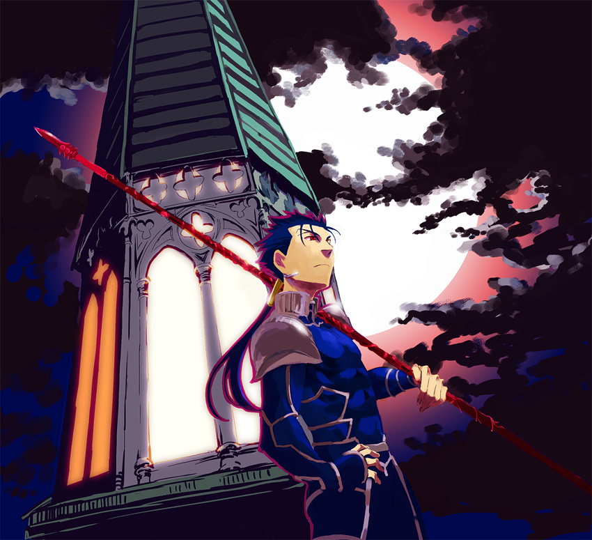 blue_hair cloud fate/stay_night fate_(series) full_moon gae_bolg hali hand_on_hip lancer long_hair male_focus moon night night_sky polearm ponytail red_eyes serious sky solo spear standing weapon
