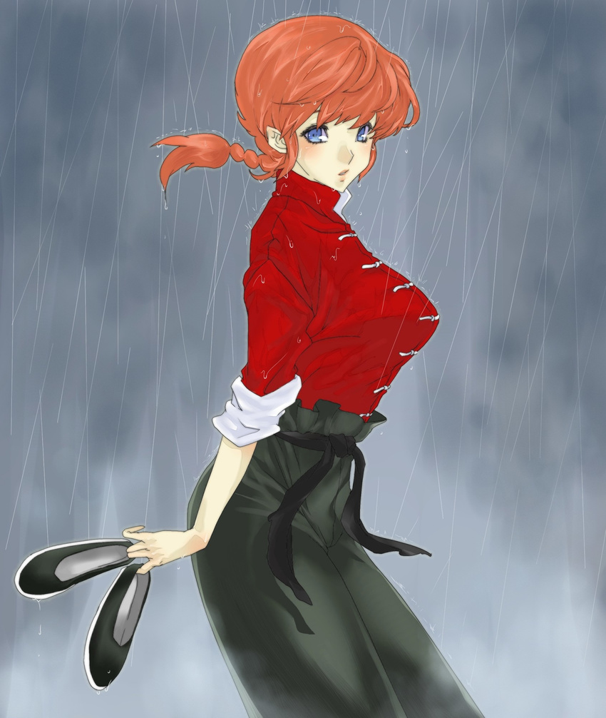 bad_id bad_pixiv_id barefoot blue_eyes braid chinese_clothes genderswap genderswap_(mtf) highres long_hair poruhi rain ranma-chan ranma_1/2 red_hair saotome_ranma shoes_removed single_braid sleeves_rolled_up solo tangzhuang