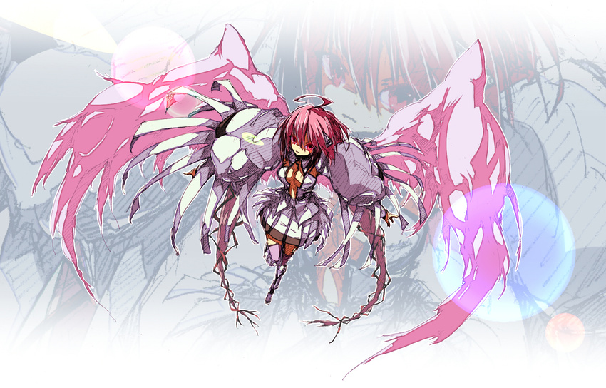 ahoge angel_wings breasts chain cleavage collar ikaros long_hair medium_breasts page pink_eyes pink_hair ribbon solo sora_no_otoshimono twintails very_long_hair wings zoom_layer