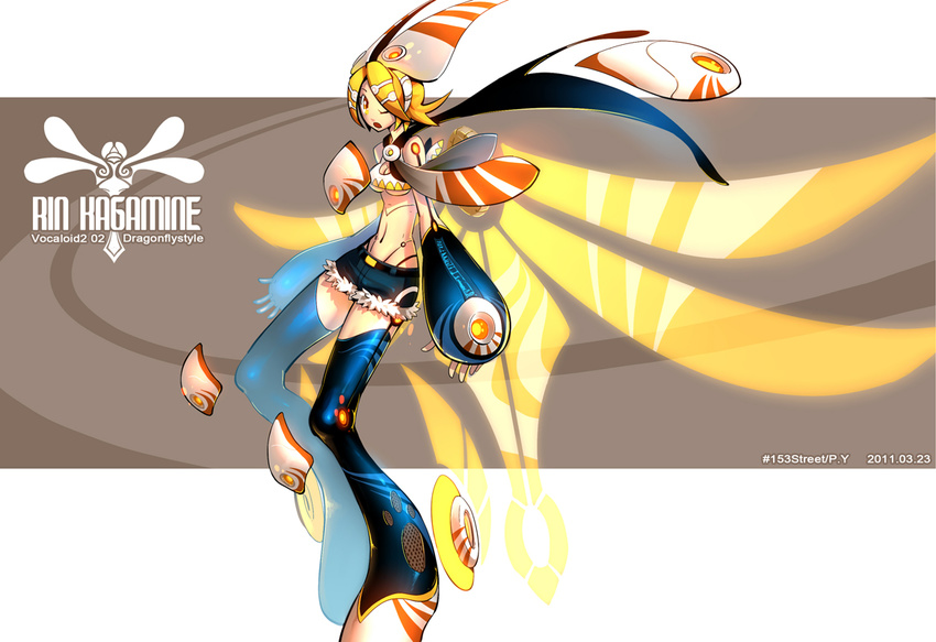 andorlier blonde_hair detached_sleeves hair_ornament hairclip kagamine_rin mecha_musume midriff navel short_hair shorts solo vocaloid wings yellow_eyes