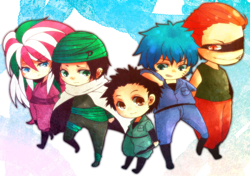 5boys black_hair blue_eyes blue_hair brown_eyes cape chibi coco_(toriko) green_eyes highres knife komatsu_(toriko) long_hair male male_focus multicolored_hair multiple_boys orange_hair piercing red_eyes sani_(toriko) scar short_hair toriko_(series) toriko_(toriko) turban yougirasu zebura_(toriko)