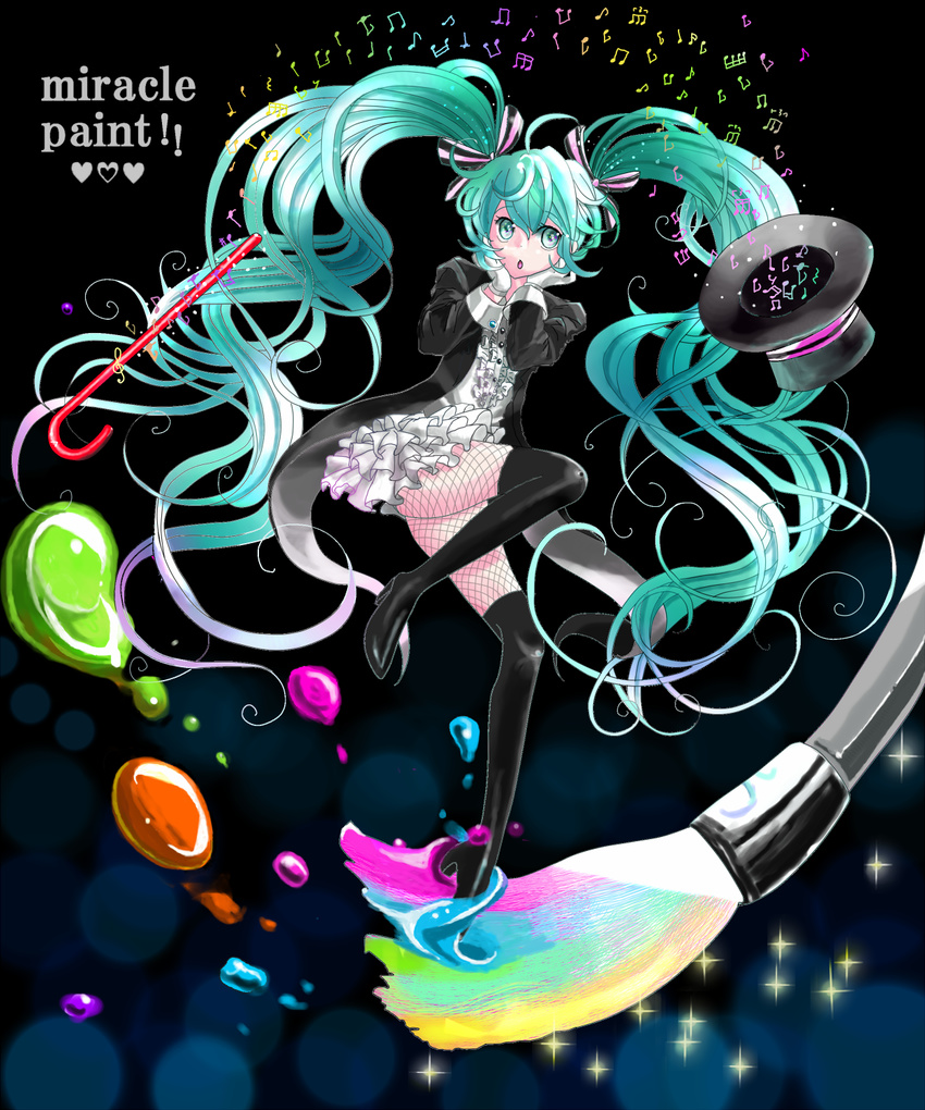 aqua_eyes aqua_hair art_brush bad_id bad_pixiv_id cane fishnets frills gloves hat hatsune_miku high_heels highres komotori_tawa long_hair miracle_paint_(vocaloid) musical_note open_mouth paint paintbrush project_diva project_diva_(series) shoes solo thighhighs top_hat twintails very_long_hair vocaloid