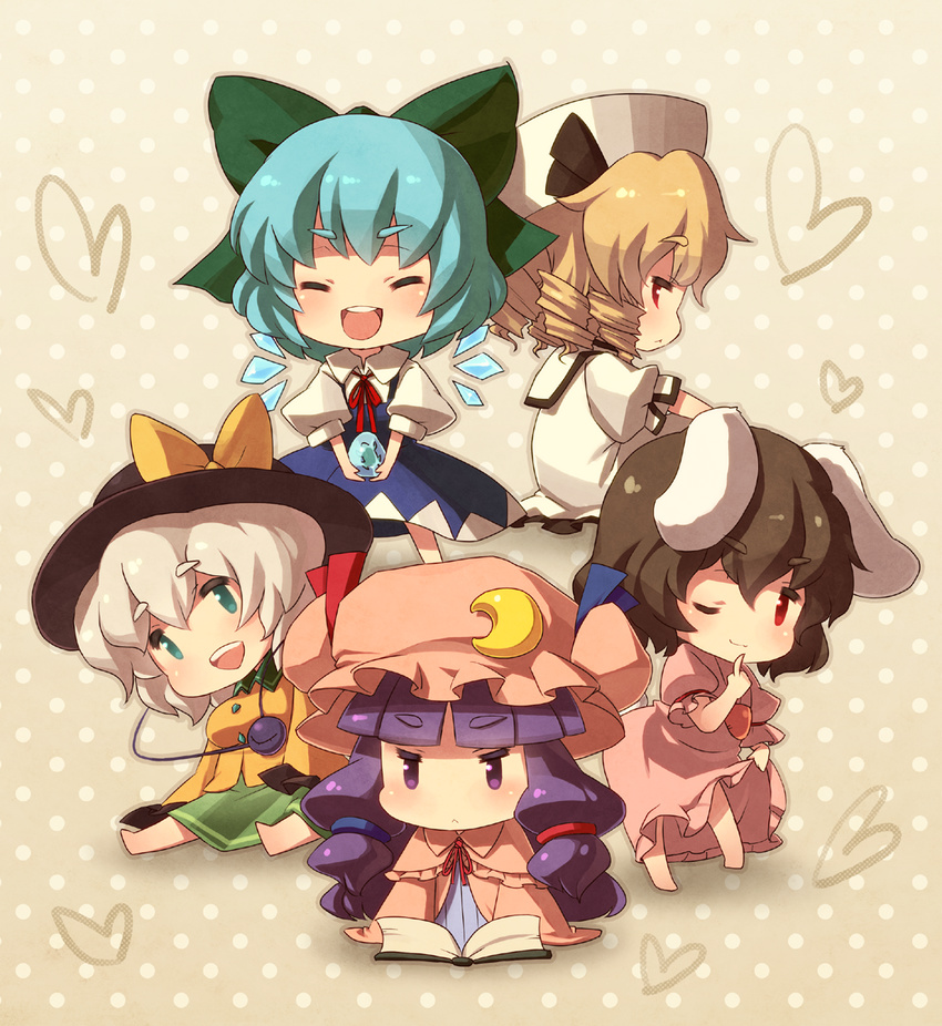 :&lt; animal_ears blonde_hair blue_hair blueberry_(5959) book bunny_ears bunny_tail chibi cirno crescent dress dress_lift drill_hair green_eyes heart highres inaba_tewi komeiji_koishi luna_child multiple_girls one_eye_closed patchouli_knowledge purple_eyes purple_hair red_eyes silver_hair sitting tail touhou wings