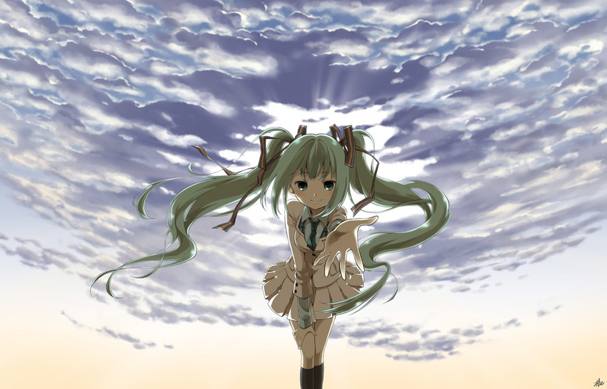 cloud green_eyes green_hair hatsune_miku kneehighs long_hair miringx2 necktie outstretched_arm project_diva project_diva_(series) skirt sky smile solo twintails very_long_hair vocaloid