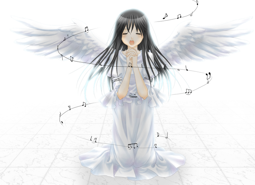 angel angel_wings beamed_eighth_notes beamed_sixteenth_notes black_hair eighth_note eighth_rest half_note half_rest kneeling long_hair music musical_note open_mouth original quarter_note quarter_rest robe singing solo ujou_kazuki whole_note wings