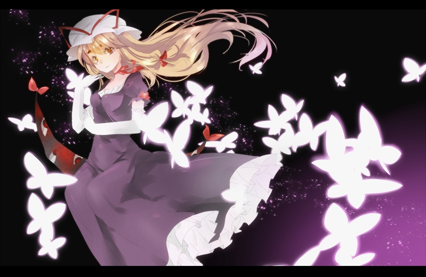 bad_id bad_pixiv_id blonde_hair bow breasts brown_eyes bug butterfly choker dress elbow_gloves eyebrows eyes frills gap gloves hair_bow hat hat_ribbon highres insect letterboxed medium_breasts red_eyes ribbon solo thick_eyebrows touhou white_gloves yakumo_yukari yoru_suzu