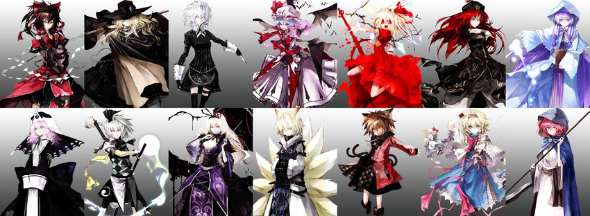 adapted_costume alice_margatroid alternate_costume banpai_akira breasts cape chen cleavage everyone flandre_scarlet hakurei_reimu hat highres hong_meiling hood izayoi_sakuya kirisame_marisa konpaku_youmu koumajou_densetsu koumajou_densetsu_2 medium_breasts multiple_girls no_hat no_headwear onozuka_komachi pantyhose parasol patchouli_knowledge remilia_scarlet saigyouji_yuyuko sword tail thighhighs touhou umbrella vampire weapon yakumo_ran yakumo_yukari