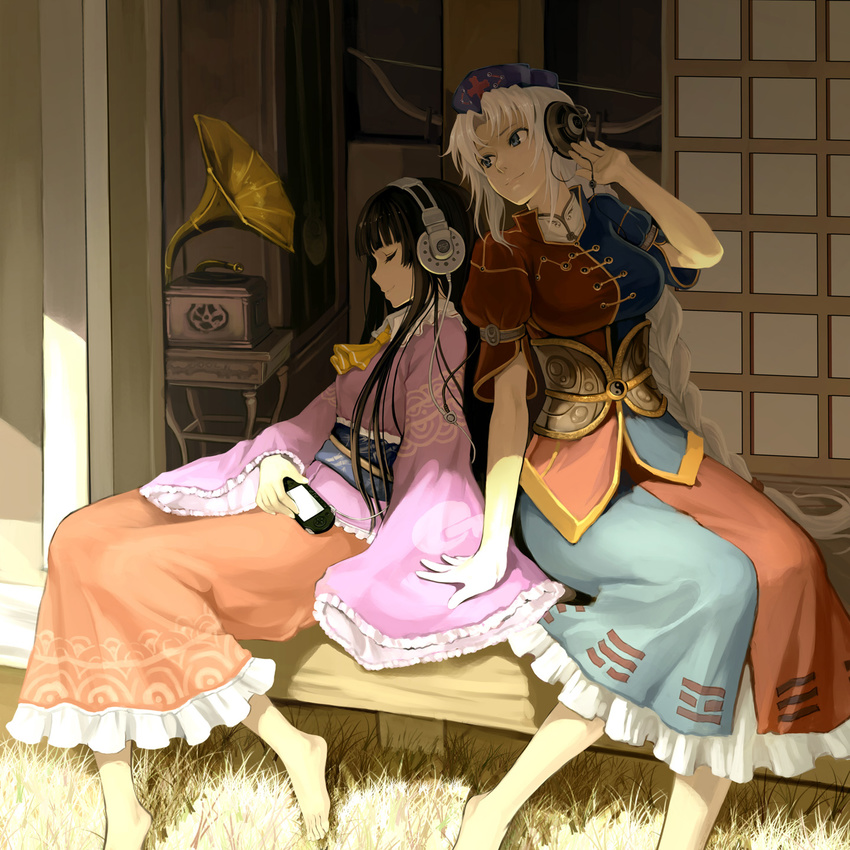 album_cover as109 barefoot black_hair blue_eyes bow_(weapon) braid breasts closed_eyes commentary_request cover dress embellished_costume feet gold_trim grass handheld_game_console hat headphones highres houraisan_kaguya large_breasts long_hair long_legs medium_breasts multiple_girls nurse_cap phonograph playstation_portable porch shade sitting sleeves_past_wrists touhou veranda weapon white_hair yagokoro_eirin