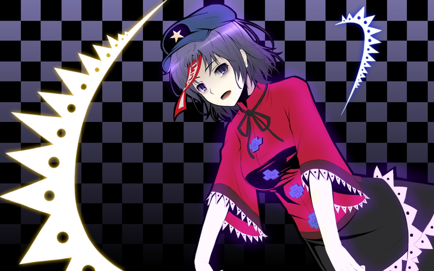 bags_under_eyes black_hair checkered checkered_background chinese_clothes dutch_angle gayprince grey_eyes hat highres jiangshi miyako_yoshika ofuda open_mouth outstretched_arms pale_skin short_hair solo star touhou zombie_pose