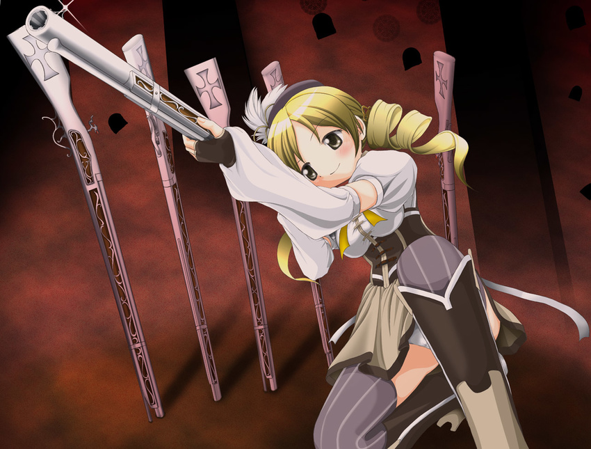 beret blonde_hair boots breasts corset detached_sleeves drill_hair fingerless_gloves gloves gun hair_ornament hat kahis_(sweetbriar) magical_girl magical_musket mahou_shoujo_madoka_magica medium_breasts one_knee panties pantyshot pantyshot_(one_knee) puffy_sleeves rifle shirt smile solo taut_clothes taut_shirt thighhighs tomoe_mami underwear weapon white_panties yellow_eyes