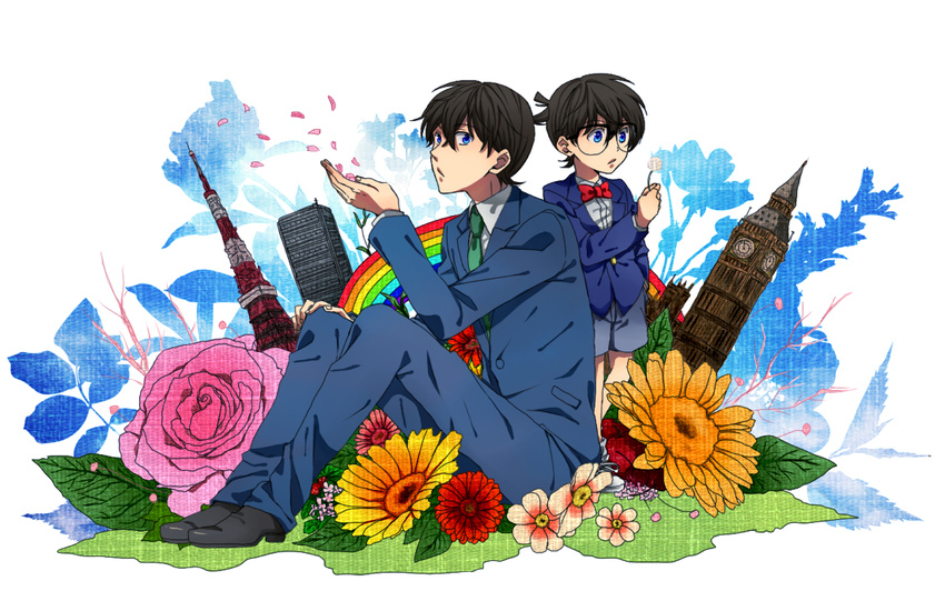 bad_id bad_pixiv_id black_hair blue_eyes bow bowtie building cherry_blossoms child dual_persona edogawa_conan elizabeth_tower flower formal glasses groundsel kudou_shin'ichi landmark male_focus meitantei_conan multiple_boys necktie petals pink_flower pink_rose rainbow ro_k_ko_tsu rose senecio sitting standing suit sunflower tokyo_tower yellow_weed