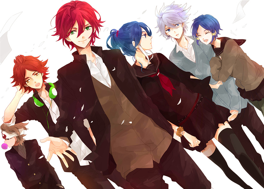 4boys blue_hair dutch_angle inazuma_eleven inazuma_eleven_(series) kiyama_hiroto kurakake_clara multiple_boys multiple_girls nagumo_haruya nepper red_hair suzuno_fuusuke thighhighs tinnybunny24 urubida white_hair