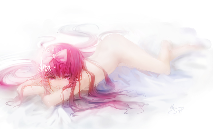 bad_id bad_pixiv_id bow hair_bow long_hair lying nude on_stomach original pink_eyes pink_hair smile solo urami very_long_hair vocaloid