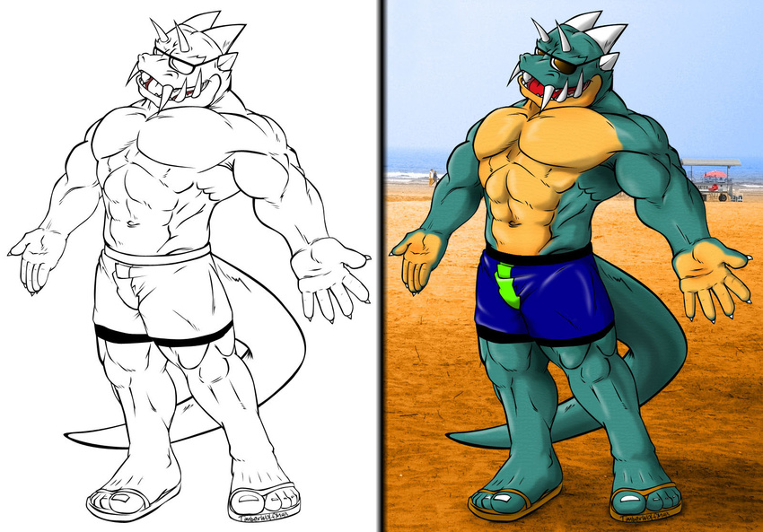 beach claws dragon fangs grin horns looking_at_viewer male muscles open_mouth presenting reptile scalie seaside solo standing sunglasses swimsuit tail timberwolfmax tongue