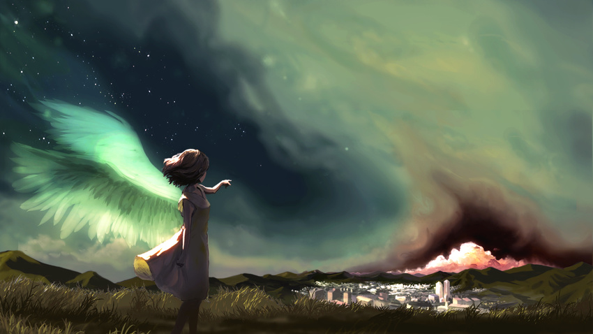 akio-bako cityscape cloud dress from_behind grass hill horizon night original pointing short_hair sky solo standing star_(sky) starry_sky white_dress white_wings wings