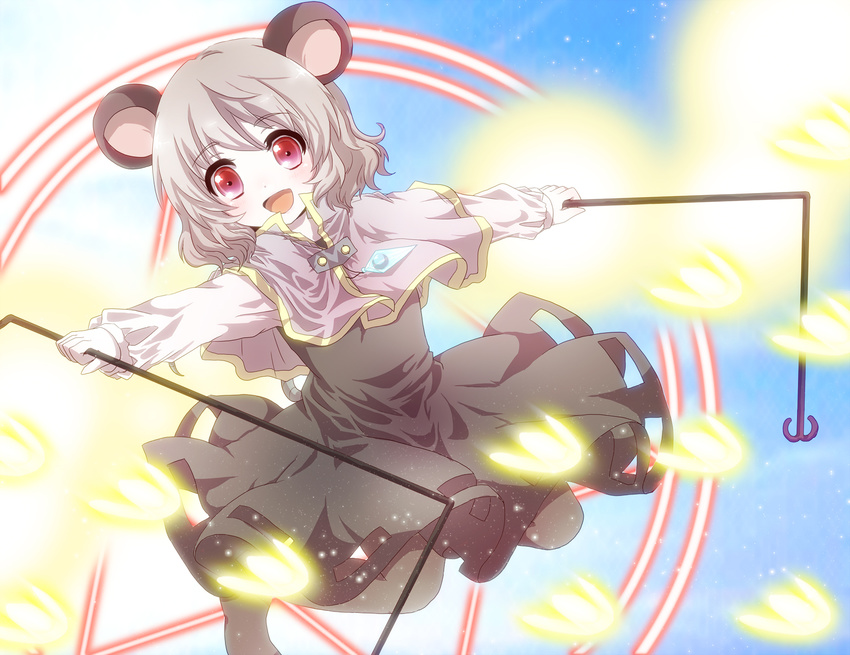 :d animal_ears bad_id bad_pixiv_id blue_sky blush danmaku dowsing_rod glowing grey_hair highres kuromame_(8gou) mouse_ears nazrin open_mouth outstretched_arms red_eyes sky smile solo spread_arms touhou