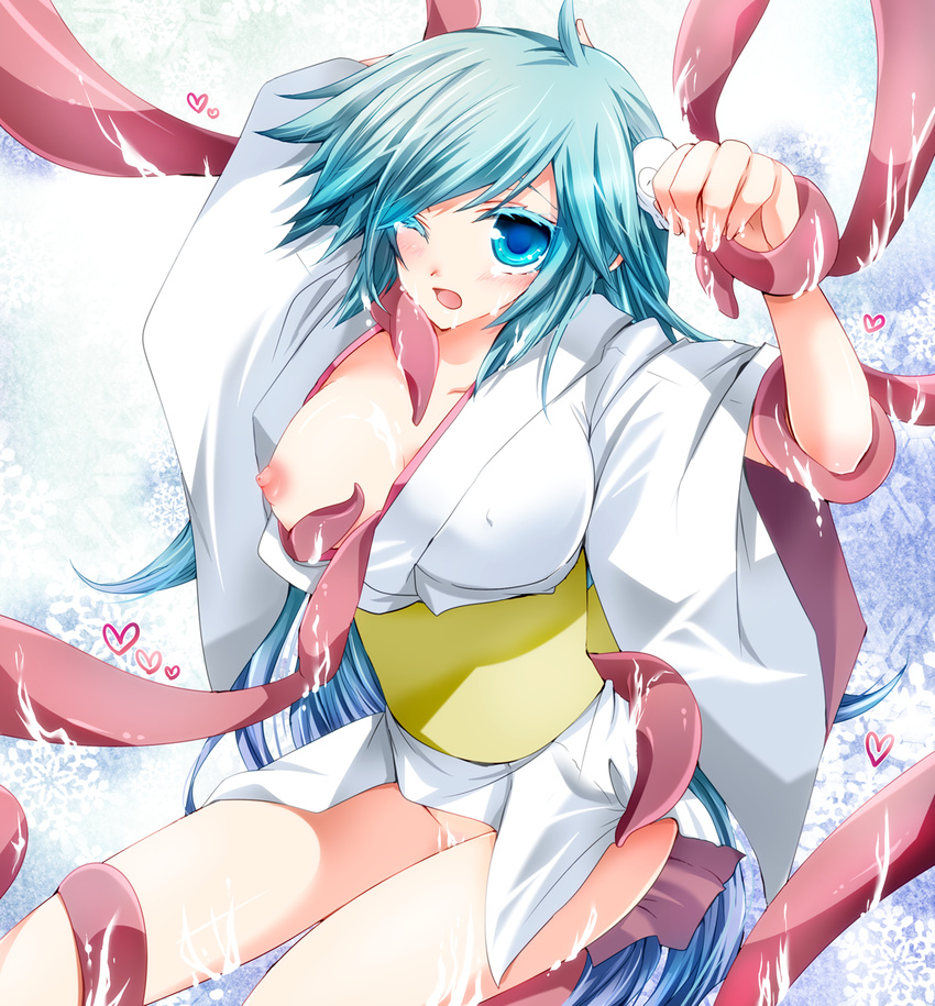 blush breasts dororon_enma-kun highres japanese_clothes large_breasts nipples tears tentacle wink yukiko_hime