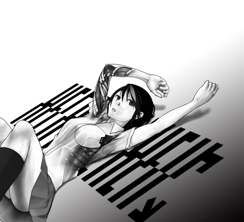 arms_up cyborg greyscale hecatoncheir highres kneehighs legs_up lying metal_akira monochrome muscle on_back original prosthesis short_hair skirt solo teeth x-ray