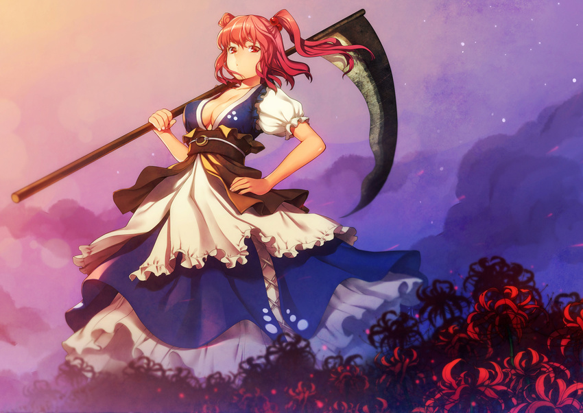 aomusi86 bad_id bad_pixiv_id breasts cleavage flower hair_bobbles hair_ornament highres large_breasts onozuka_komachi red_eyes red_hair scythe short_hair solo spider_lily touhou two_side_up