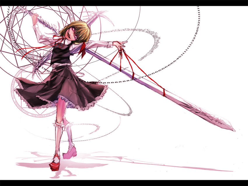 bad_id bad_pixiv_id blonde_hair chain dress frills lastdark letterboxed polearm ribbon rumia solo spear standing touhou weapon