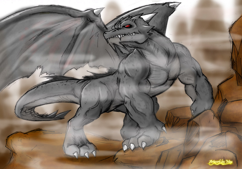 all_fours black claws dragon fangs feral horns male muscles nude red_eyes reptile scalie solo tail timberwolfmax wings