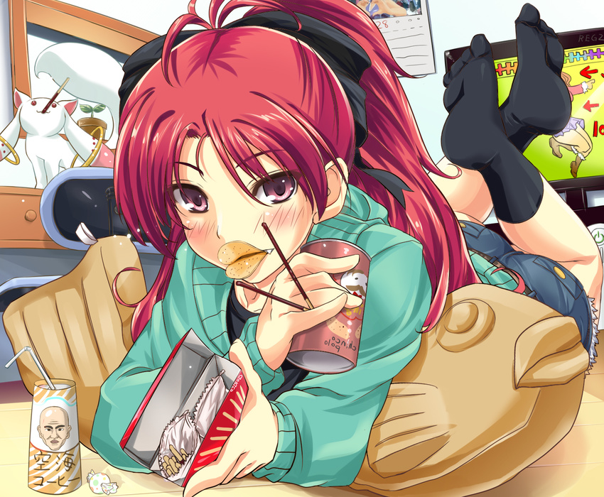 :3 anonimasu bad_id bad_pixiv_id blush brown_eyes can candy chair chips coffee desk drink fang food foreshortening game_console highres kyubey long_hair lying mahou_shoujo_madoka_magica mouth_hold on_stomach pillow pocky ponytail potato_chips pringle_duck pringles red_eyes red_hair sakura_kyouko shorts socks taiyaki television wagashi xbox_360