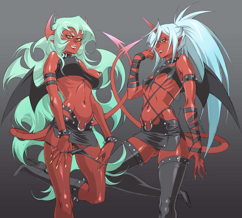 boots breasts covered_nipples demon_girl demon_tail demon_wings fang glasses green_hair high_heels highres horns jpeg_artifacts knee_boots kneesocks_(psg) kujou_kiyo large_breasts leather midriff miniskirt multiple_girls navel panties panty_&amp;_stocking_with_garterbelt ponytail red_skin scanty_(psg) shoes siblings silver_hair sisters skirt tail thigh_boots thighhighs underboob underwear wings