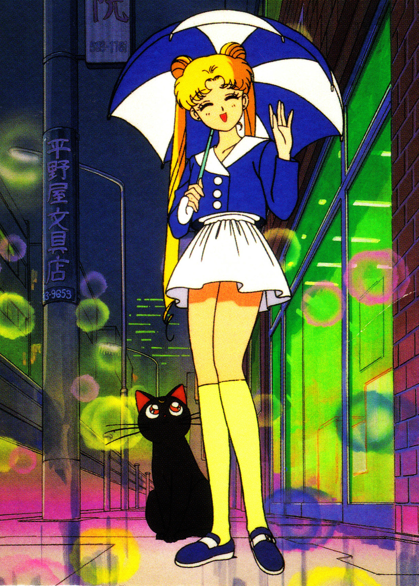 ^_^ bishoujo_senshi_sailor_moon blonde_hair bubble bubbles cat city double_bun double_buns eyes_closed footwear highres loafers luna_(sailor_moon) miniskirt night night_sky official_art oversaturated rain shoes skirt sky skyline smile socks tsukino_usagi twintails umbrella wave waving yellow_legwear yellow_socks