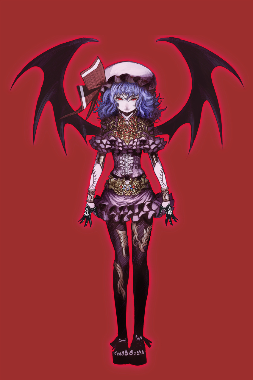 alternate_costume bad_id bad_pixiv_id bat_wings gloves hat highres kansou_samehada light_smile lips purple_hair red_eyes remilia_scarlet short_hair simple_background solo standing tattoo toes touhou wings wristband