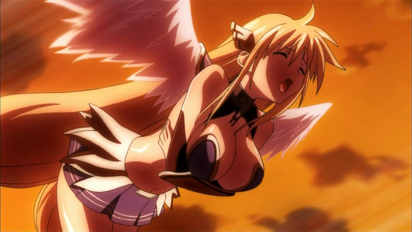 astraea blonde_hair blush busty cap legs long_hair miniskirt skirt sora_no_otoshimono tagme