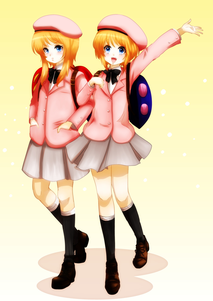 absurdres backpack bag beret blazer blue_eyes clone elpeo_puru gundam gundam_zz hat highres jacket kinako_(nurupoga) locked_arms multiple_girls open_mouth orange_hair puru_two qubeley school_uniform shoes short_hair skirt socks waving