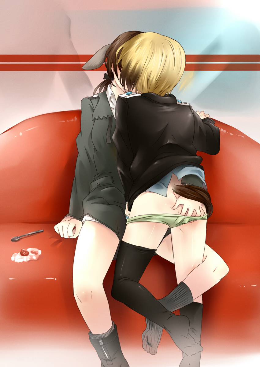 ass bad_proportions bai_lao_shu black_legwear blonde_hair brown_hair couch couple erica_hartmann food from_behind fruit gertrud_barkhorn hand_on_ass highres kiss multiple_girls panties short_hair sitting socks spoon strawberry strike_witches thighhighs underwear undone_necktie world_witches_series yuri