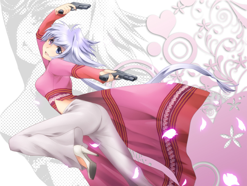 blue_eyes blue_hair dual_wielding gun heterochromia high_heels holding lavolpe_(yagisaka_seto) long_hair original petals purple_eyes shoes solo very_long_hair weapon yagisaka_seto