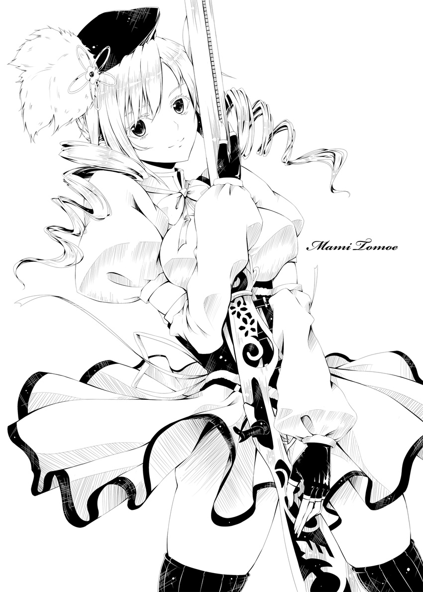 beret drill_hair fingerless_gloves gloves greyscale gun hat highres ihara_natsume magical_girl mahou_shoujo_madoka_magica monochrome skirt solo thighhighs tomoe_mami twin_drills twintails weapon