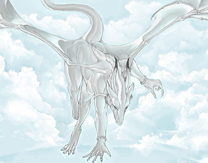 clouds detailed dragon female feral flying nude pira scalie silver solo wallpaper