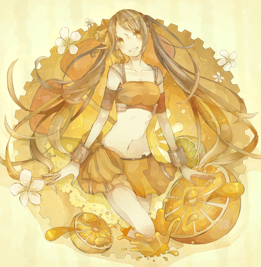 arancia bad_id bad_pixiv_id bracelet brown_hair flower food fruit hair_flower hair_ornament hairclip highres jewelry juice long_hair midriff miniskirt mizutame_tori navel orange orange_blossoms orange_skirt original skirt solo twintails yellow_eyes