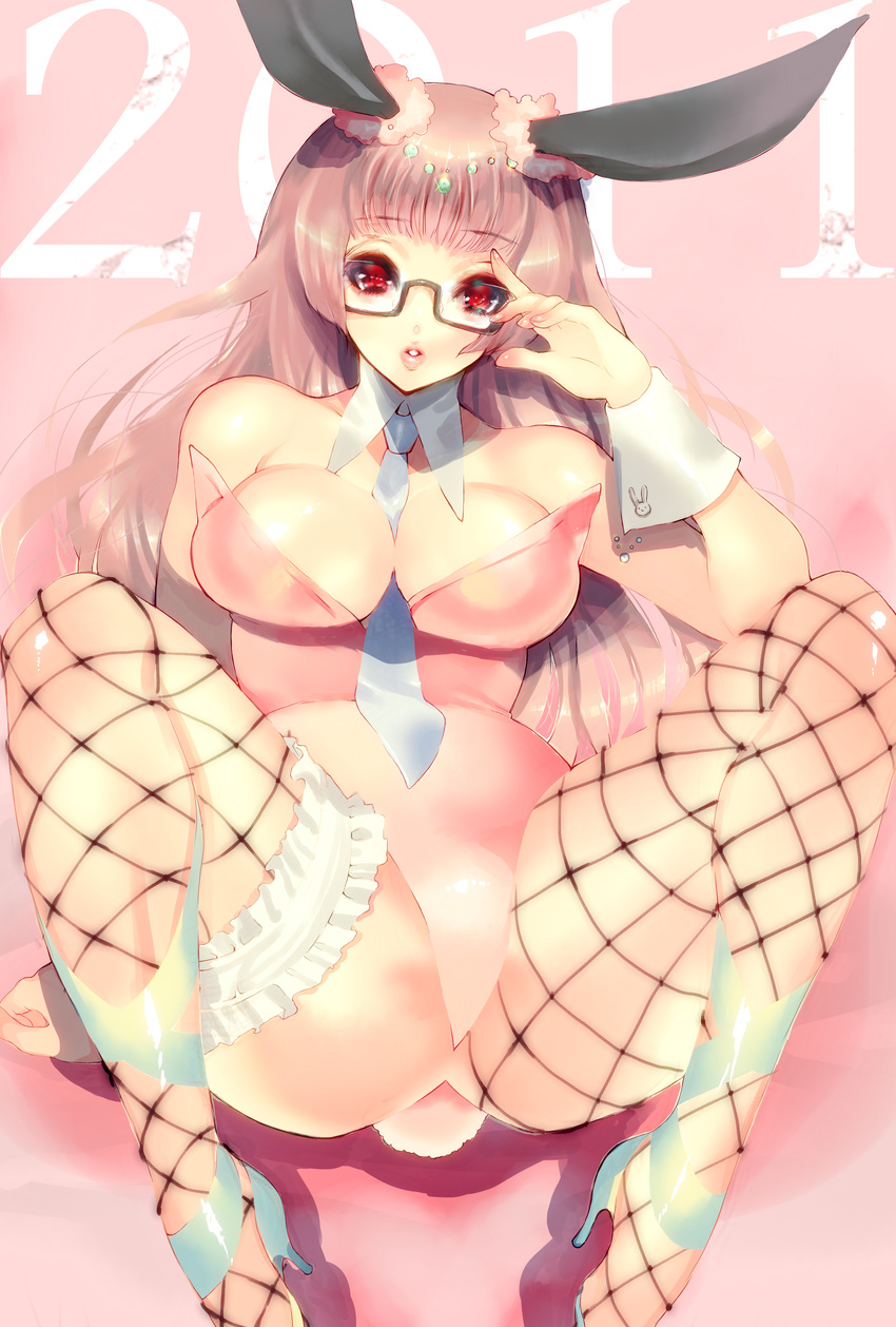 absurdres animal_ears breasts bunny_ears bunny_girl bunny_tail bunnysuit cleavage fishnet_pantyhose fishnets glasses high_heels highres legs long_hair medium_breasts original pantyhose pink_hair red_eyes shoes solo spread_legs tail thick_thighs thighs tomohide wrist_cuffs
