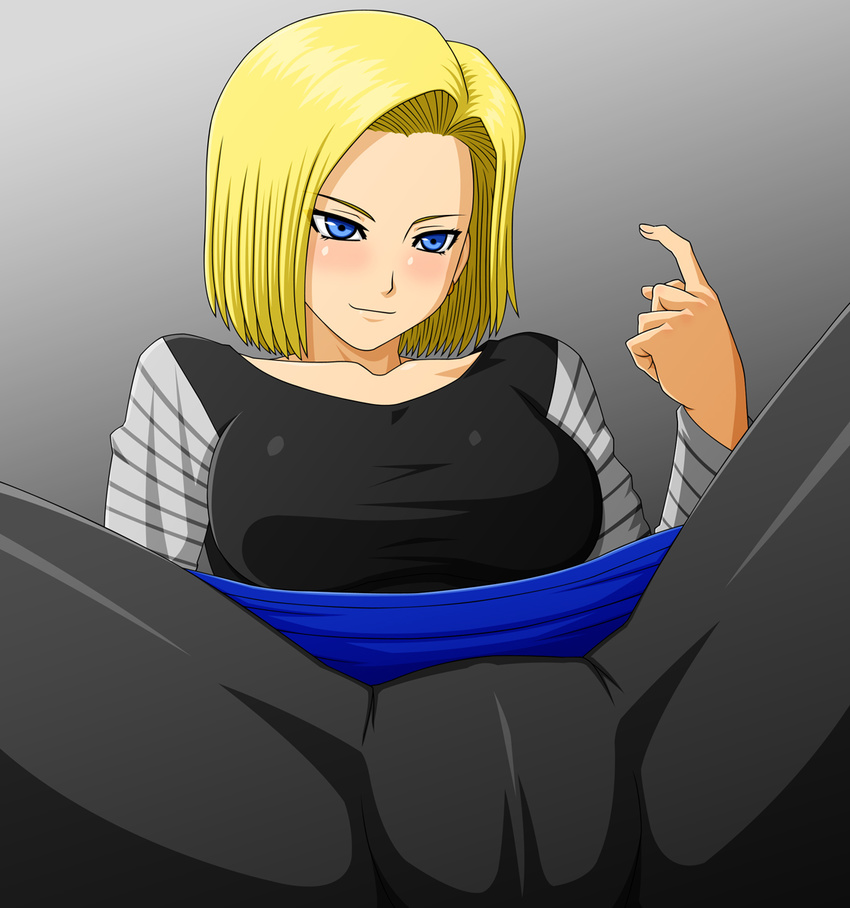 android_18 blonde_hair blue_eyes blush dragon_ball dragonball dragonball_z female gradient gradient_background highres makani_kohitujito pants pantyhose short_hair sitting skirt solo spread_legs upskirt