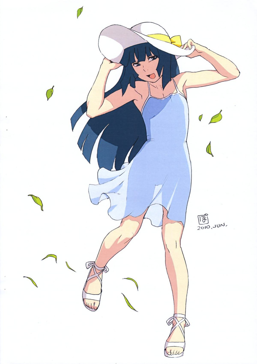 androgynous armpits bare_shoulders blue_eyes blue_hair blue_skirt crossdressing dress feet hat highres leaf long_hair male_focus natsuki_(natsuyasumi.) natsuyasumi. official_art open_mouth otoko_no_ko po-ju sandals scan see-through signature simple_background skirt solo summer sun_hat sundress toes wind