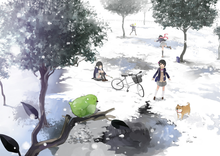 :d bag bicycle bird black_legwear blazer branch cardigan dog ground_vehicle highres jacket kneehighs loafers md5_mismatch multiple_girls nauribon open_mouth original pantyhose playing scarf school_bag school_uniform shoes smile snow snowball snowball_fight tree white_legwear winter