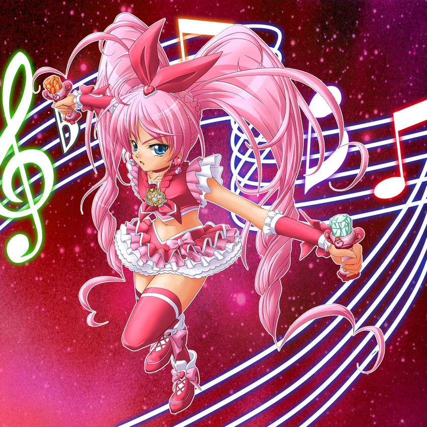 absurdres blue_eyes braid brooch choker cure_melody curly_hair dress dual_wielding earrings frills hair_ribbon hairband heart highres holding houjou_hibiki jewelry long_hair magical_girl midriff musical_note navel nzack pink_hair pink_legwear precure ribbon shoes solo suite_precure thighhighs twintails wand wrist_cuffs