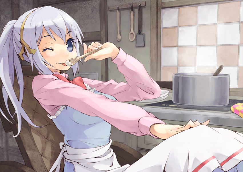 apron bad_id bad_pixiv_id blue_eyes cooking kitchen licking long_hair maeda_risou one_eye_closed outstretched_arm ponytail pot solo spoon sylvette_suede tegami_bachi tongue wheelchair white_hair