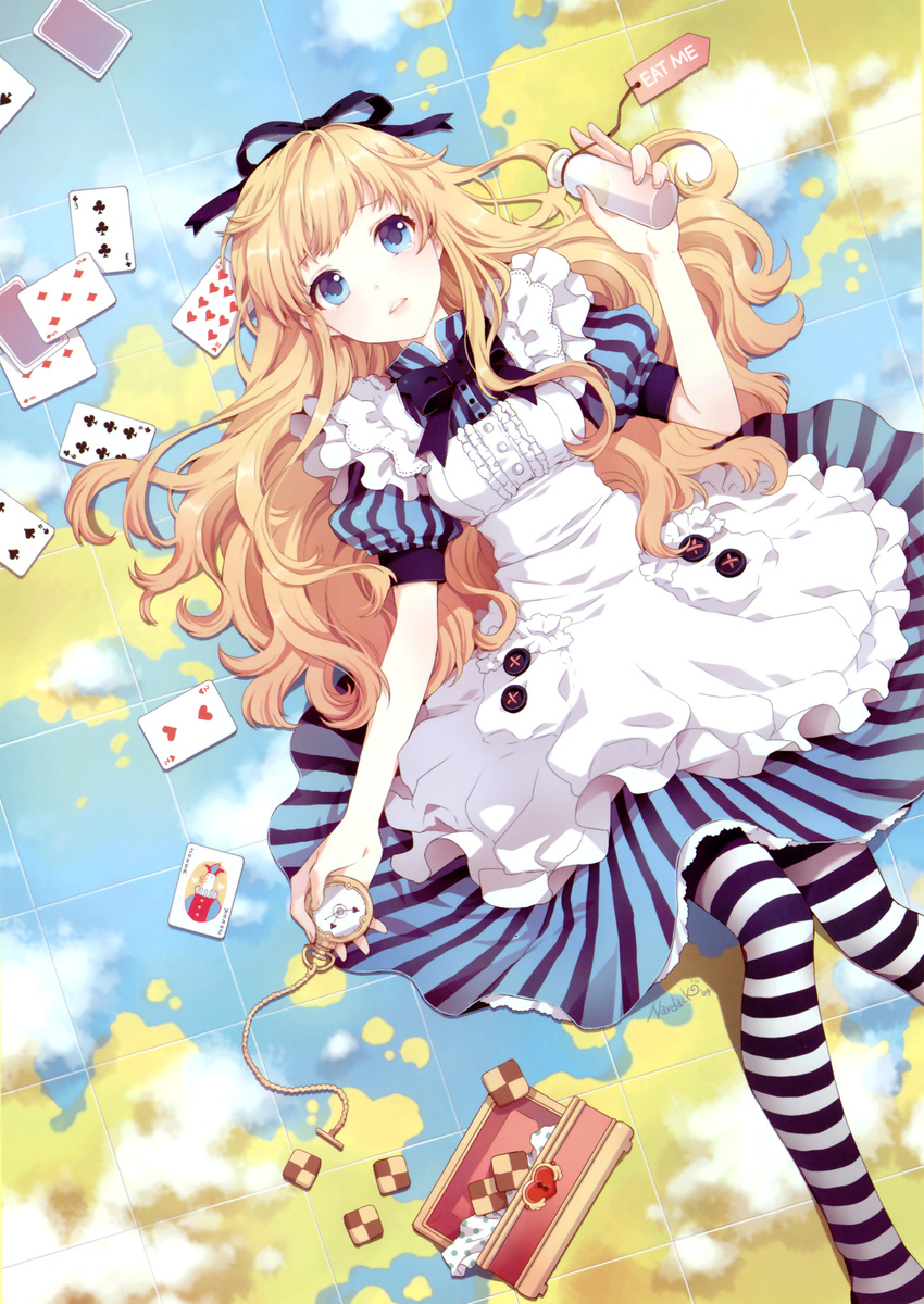 absurdres alice_(wonderland) alice_in_wonderland apron blonde_hair blue_eyes breasts buttons card cookie dress food hair_ribbon highres long_hair lying lying_card map medium_breasts nardack on_back pocket_watch ribbon solo striped striped_legwear thighhighs watch