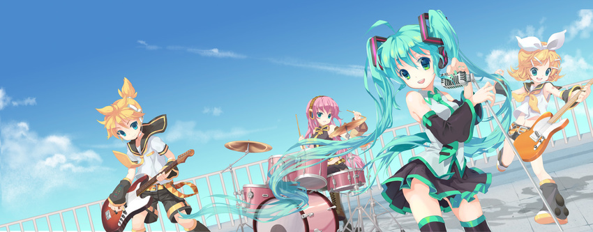 3girls aqua_eyes bare_shoulders blonde_hair blue_eyes bow detached_sleeves drum drumsticks green_eyes guitar hair_bow hair_ornament hairclip hatsune_miku instrument kagamine_len kagamine_rin long_hair megurine_luka microphone microphone_stand mintchoco_(orange_shabette) multiple_girls necktie open_mouth pink_hair project_diva_(series) project_diva_2nd short_hair smile thighhighs twintails vocaloid zettai_ryouiki