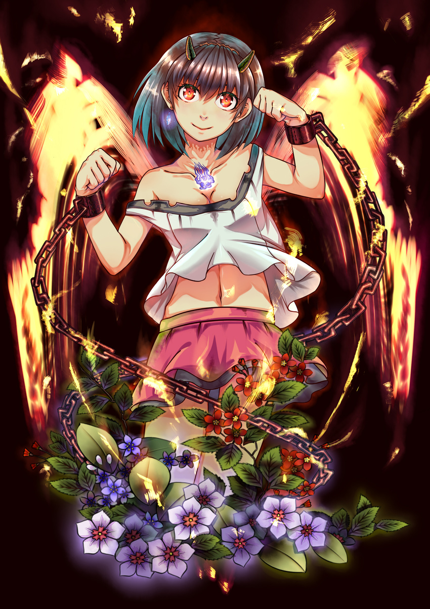 absurdres black_hair breasts chain cleavage fiery_wings fire flower highres horns kamogawa_shuujin large_breasts medium_breasts navel original short_hair skirt smile solo wings