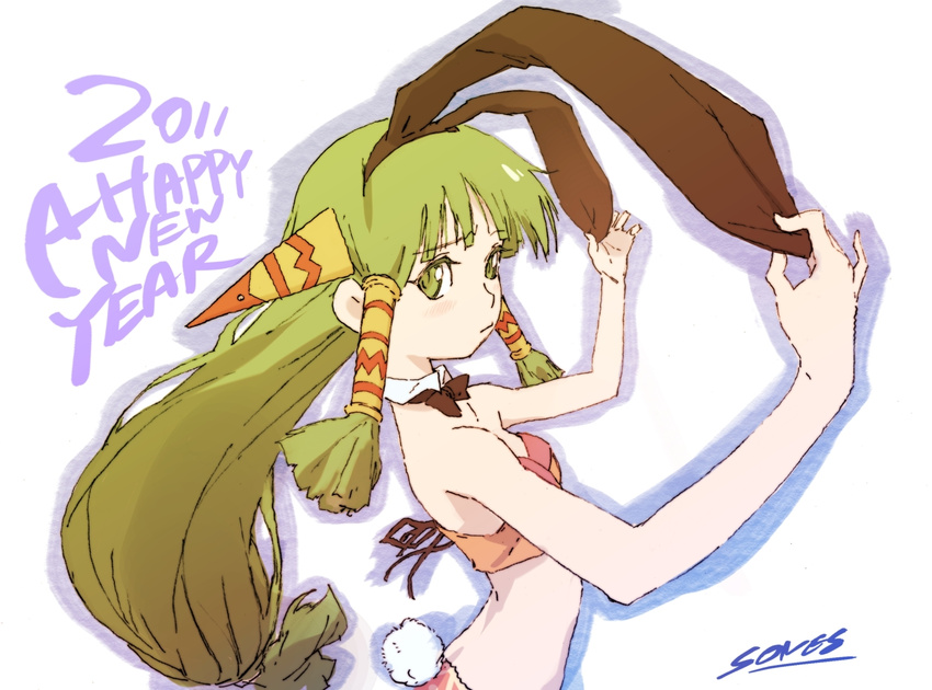 2011 animal_ears breasts bunny_ears bunny_tail feena_(grandia) grandia grandia_i green_eyes green_hair hair_ornament hair_tubes long_hair low-tied_long_hair new_year solo sones sones-krt tail