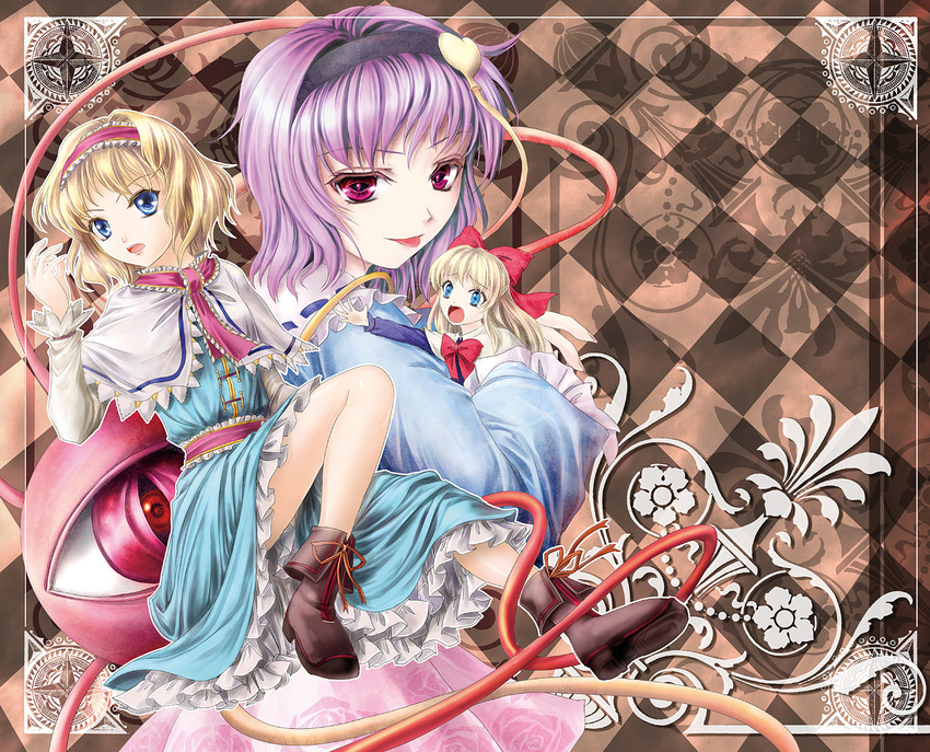 alice_margatroid blonde_hair blouse blue_eyes boots checkered checkered_background dress frills hairband heart komeiji_satori multiple_girls open_mouth pink_hair purple_eyes shanghai_doll short_hair shouting skirt third_eye tongue touhou yuki_shuuka