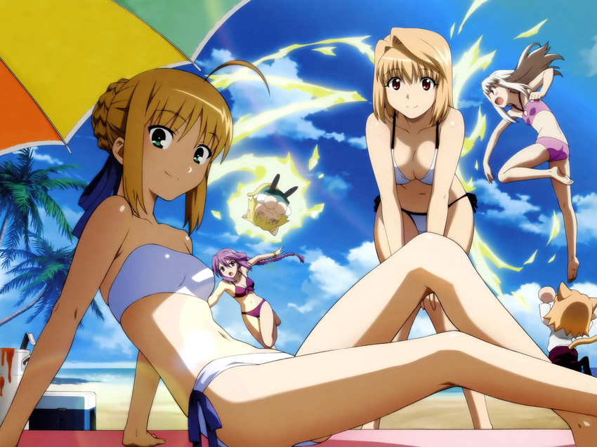 absurdres ahoge animal_ears arcueid_brunestud artoria_pendragon_(all) bandeau bare_shoulders barefoot beach beach_volleyball bikini blonde_hair braid breasts carnival_phantasm company_connection crossover day detexted fate/stay_night fate_(series) feet green_eyes highres illyasviel_von_einzbern leaning_forward long_hair medium_breasts melty_blood morita_kazuaki multiple_girls nekoarc nekoarc_bubbles official_art outdoors purple_hair red_eyes saber short_hair side-tie_bikini sion_eltnam_atlasia small_breasts smile soles swimsuit tail third-party_edit toes tsukihime white_hair